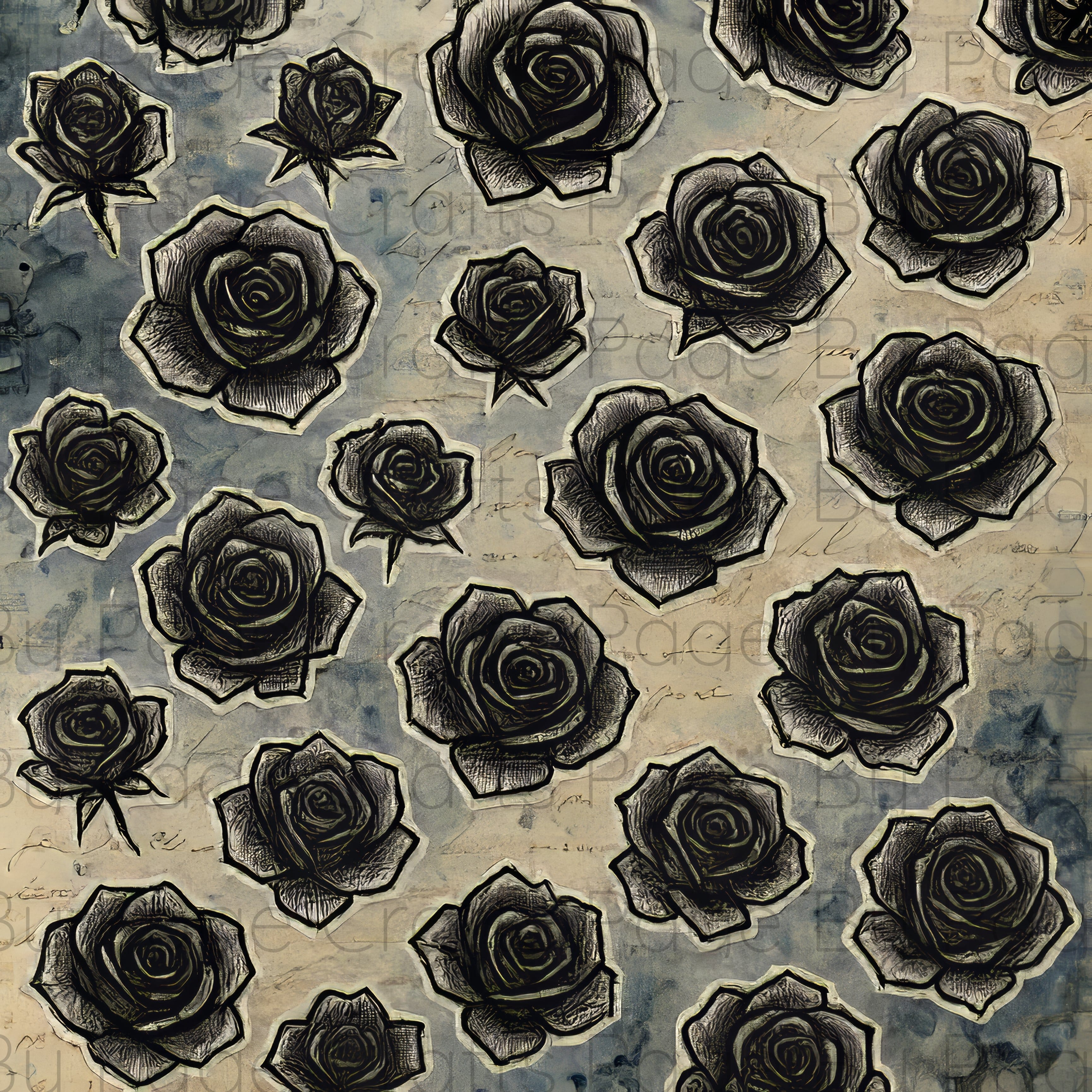 Pattern of black roses on a textured background fussy cut grunge