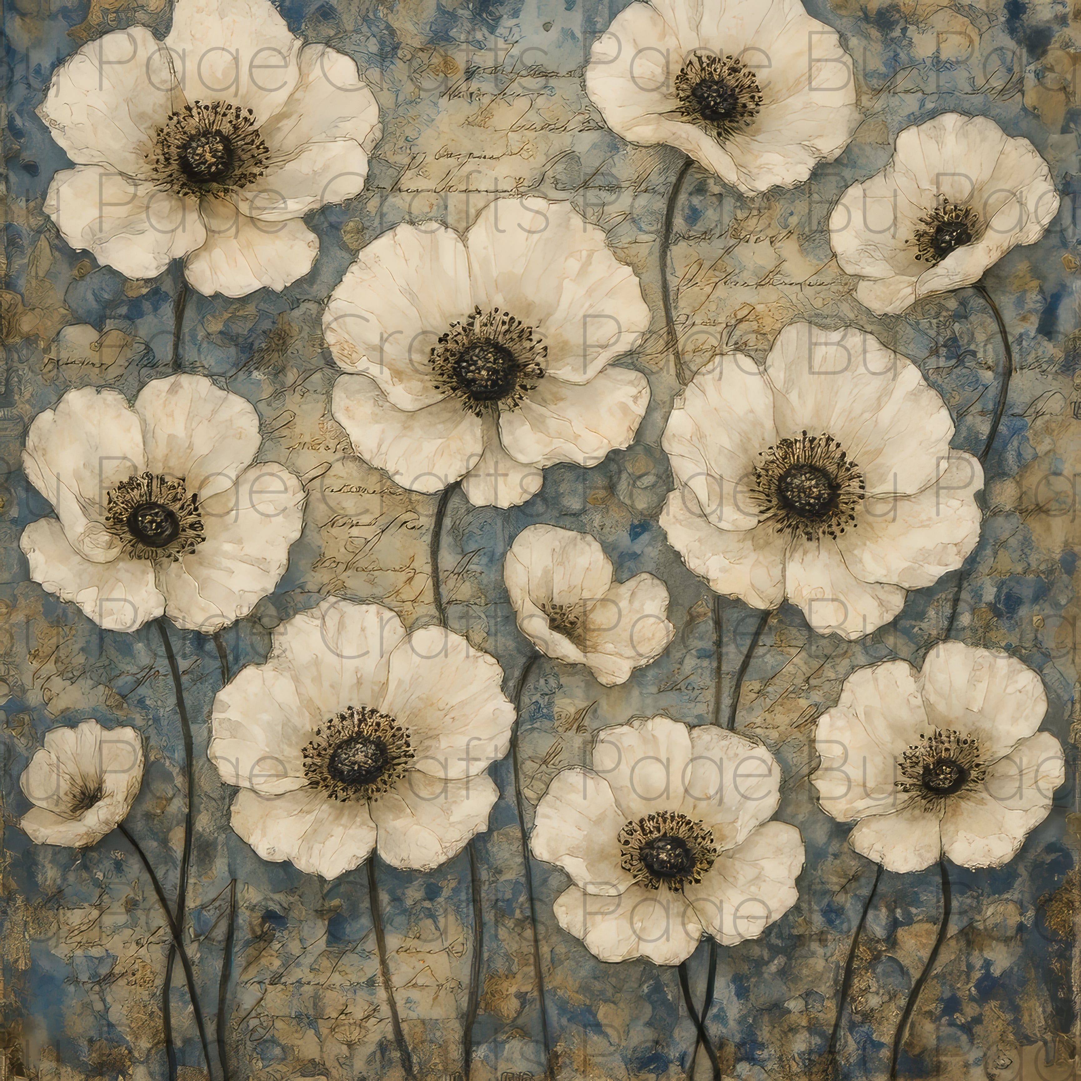 Pattern of white flowers with brown centers on a textured blue and beige background