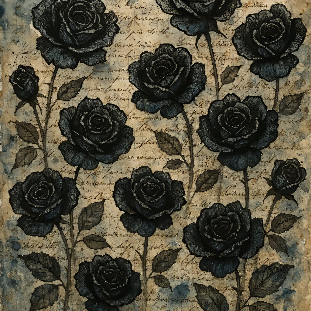 Pattern of black roses on a textured background with text 12x12