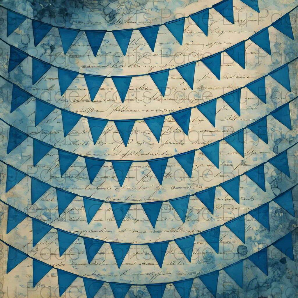 Blue bunting flags on a textured paper background 12x12