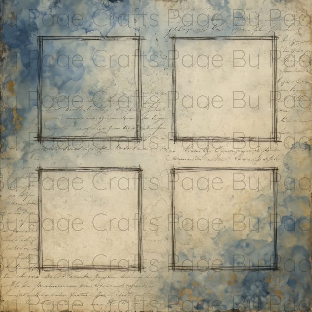 Textured paper with watercolor blue accents and text overlay 12x12