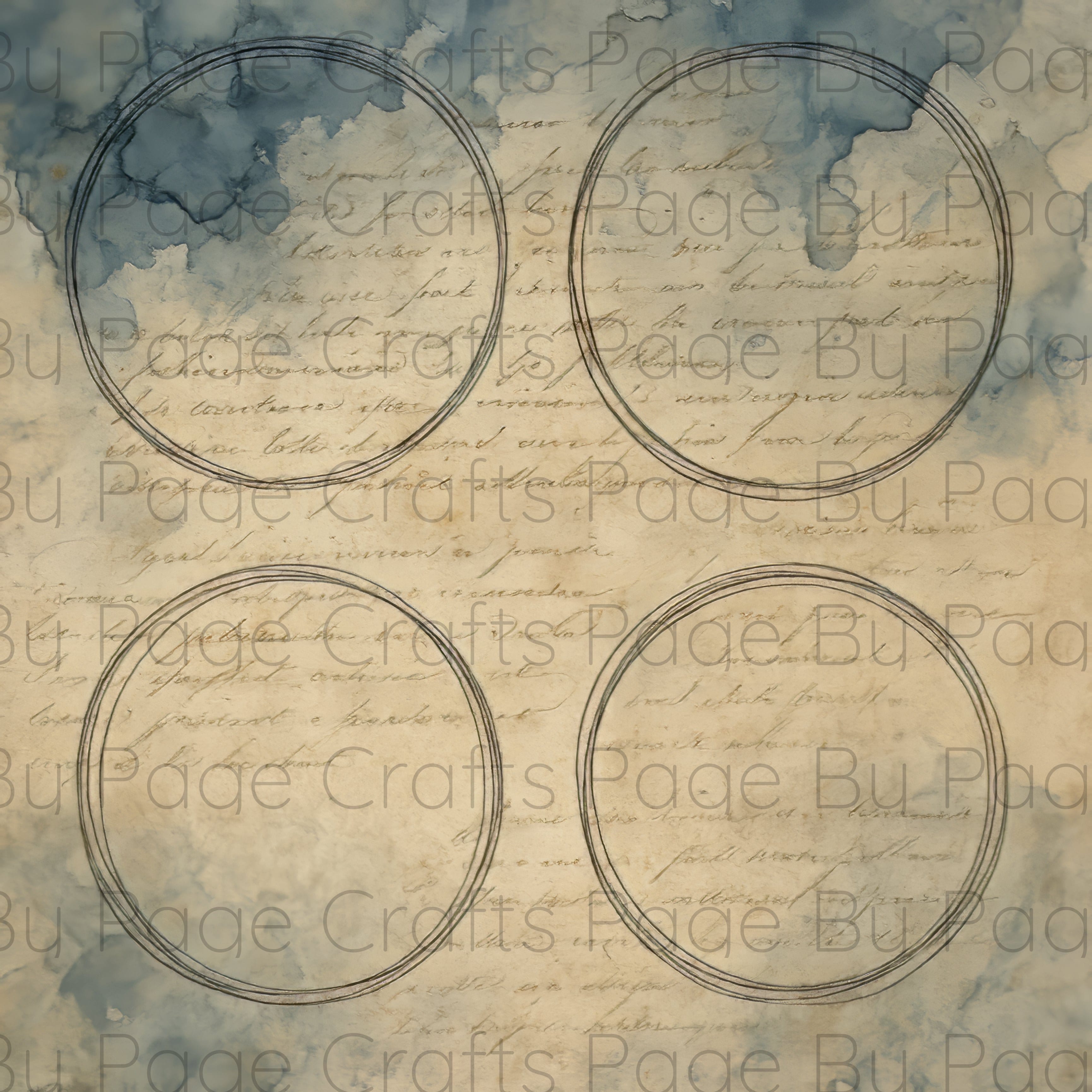 Four circular frames on a textured paper background with watercolor effects.