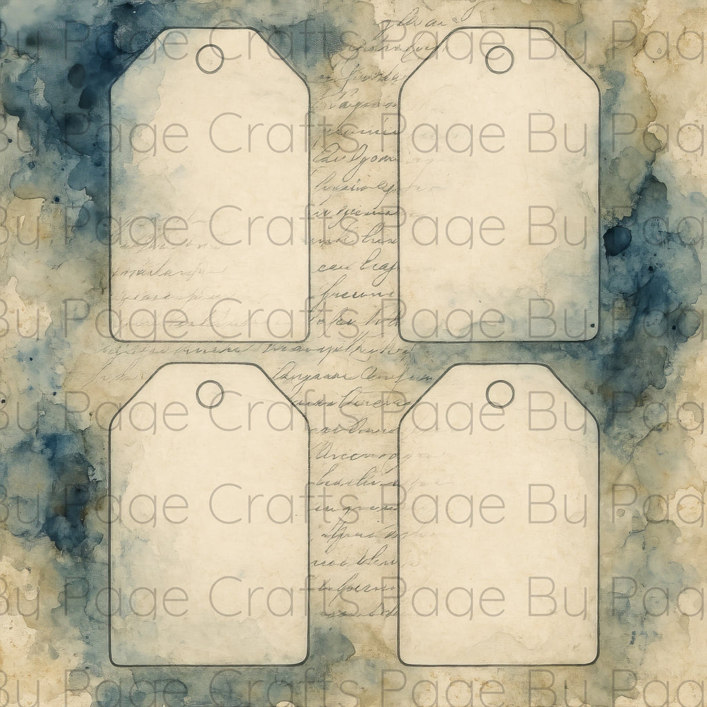 Four vintage-style tags on a textured background with watercolor effects on a 12x12 page