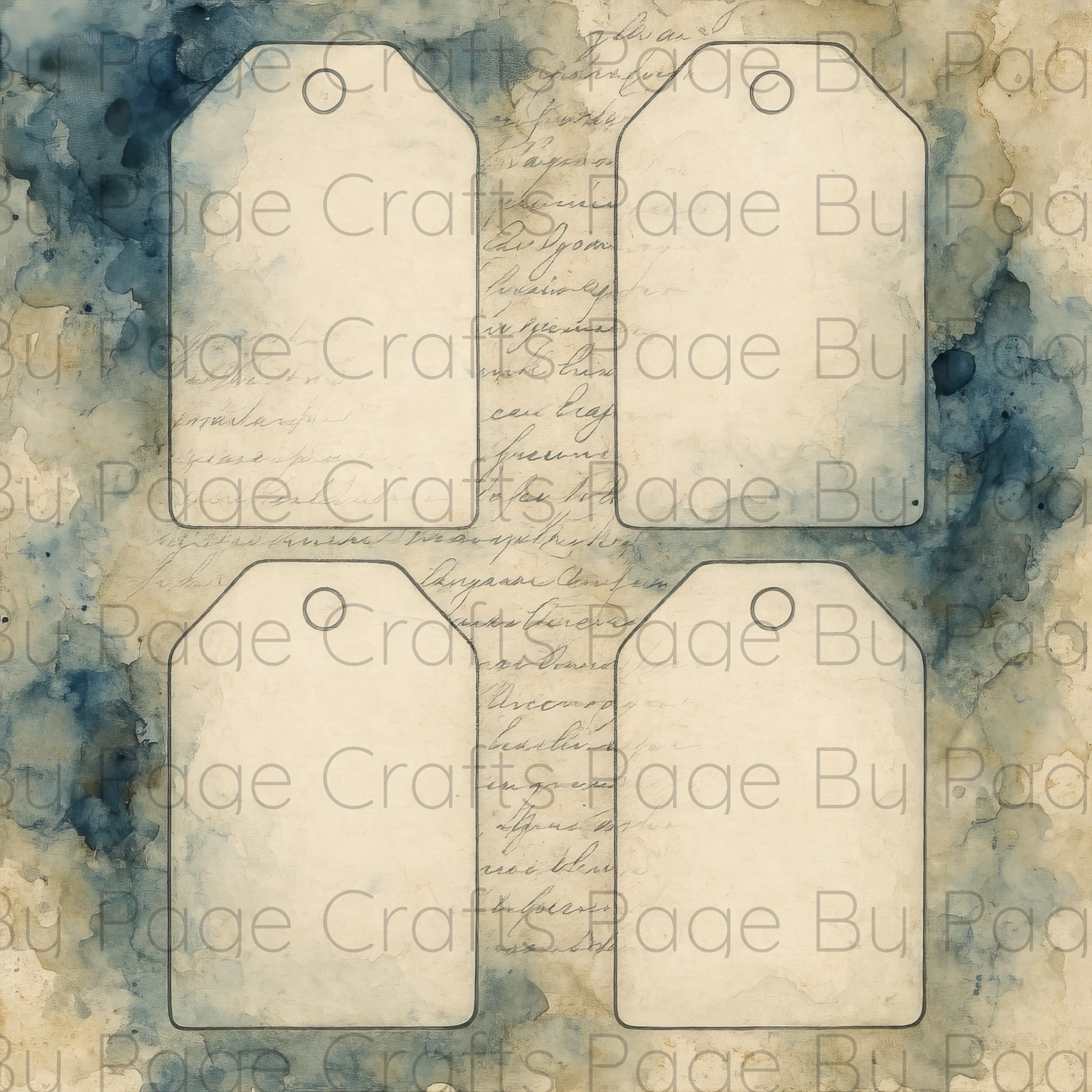 Four vintage-style tags on a textured background with watercolor effects on a 12x12 page