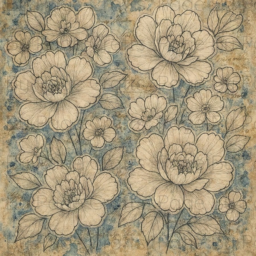Vintage-style floral pattern with beige flowers on a textured brown background