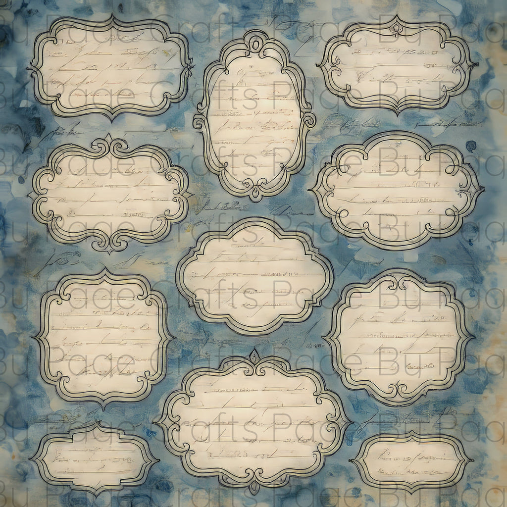 Decorative vintage labels on a textured blue and beige background