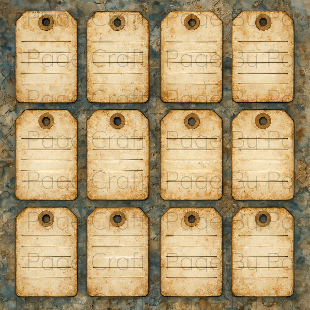 Grid of twelve old-style luggage tags on a textured surface