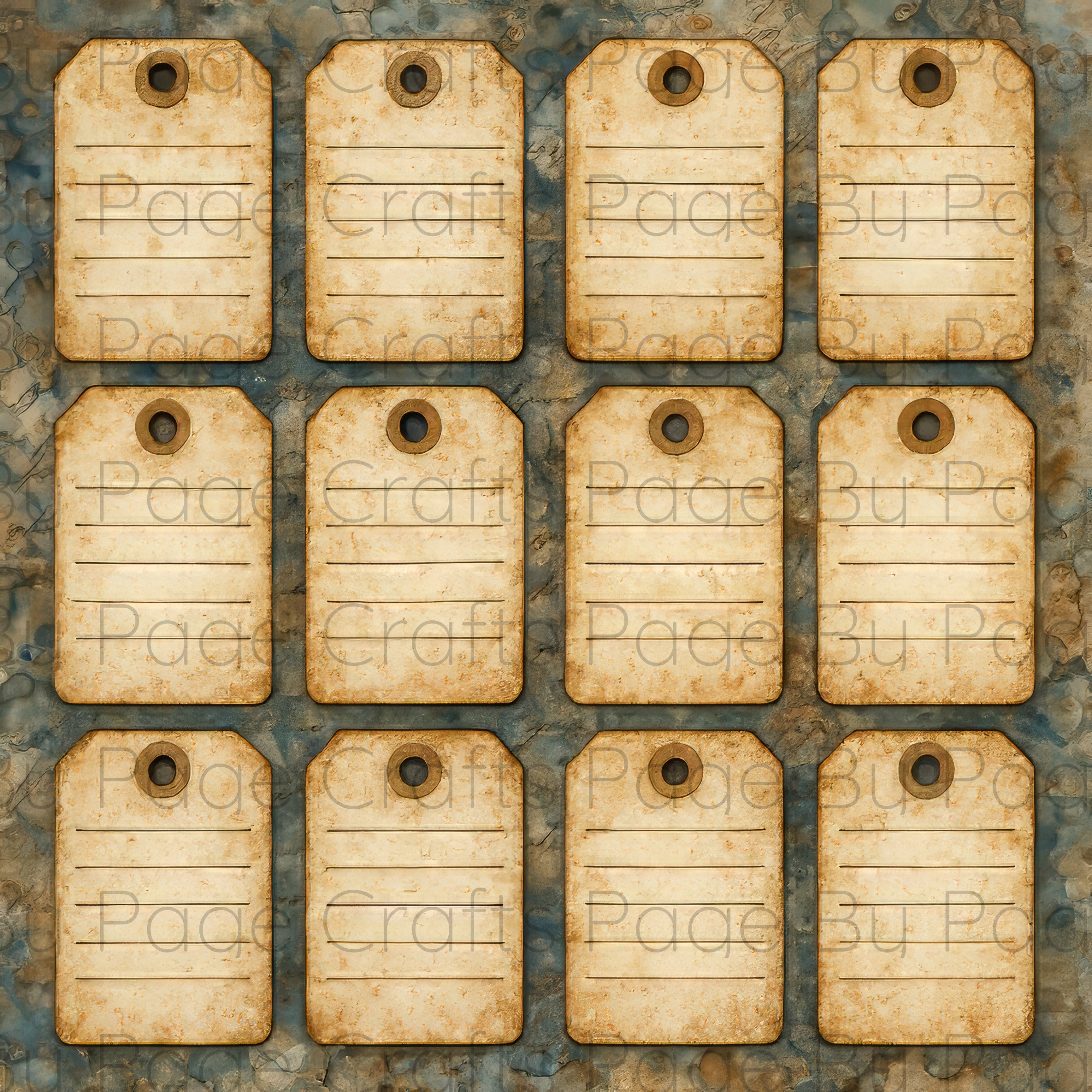 Grid of twelve old-style luggage tags on a textured surface