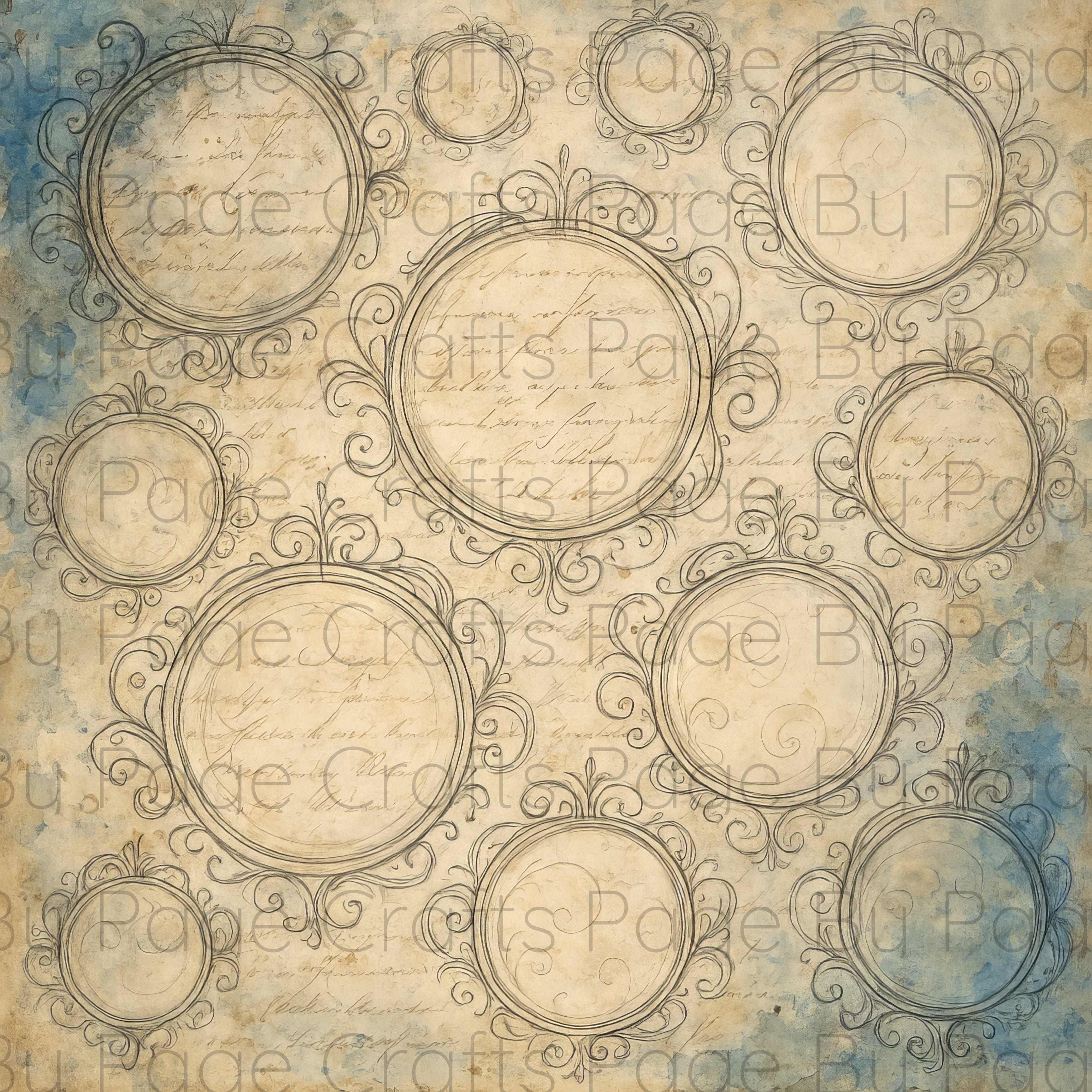 Decorative vintage paper with circular frames and text on a textured background